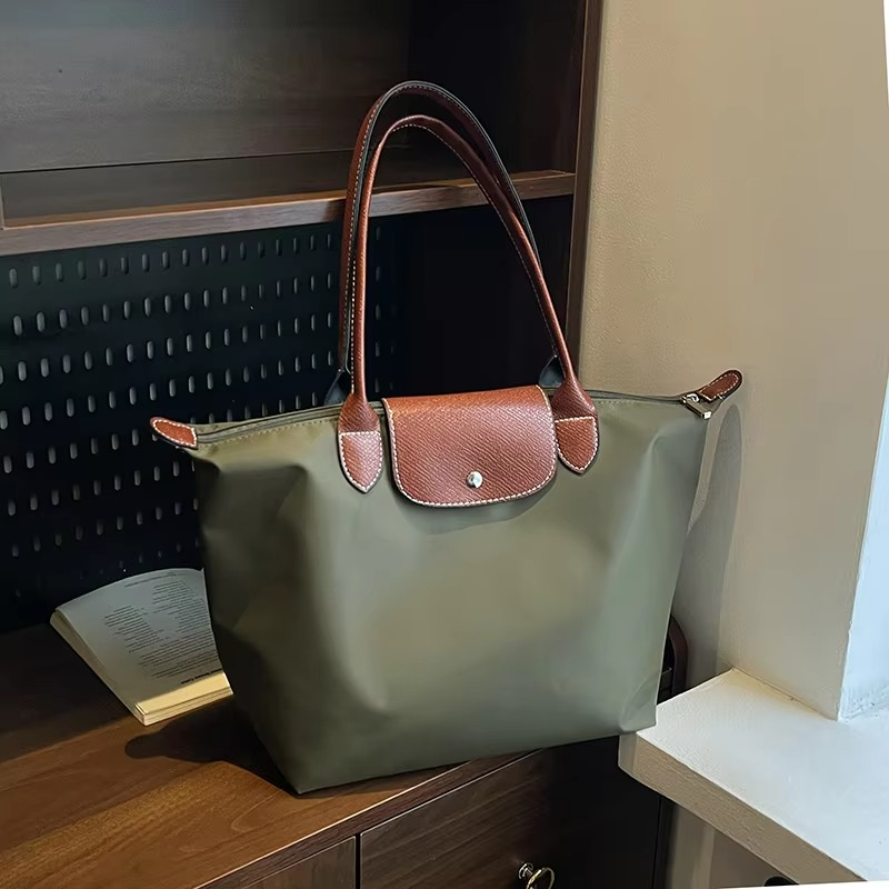 Minimalist nylon shoulder tote bag for women, large capacity with reinforced strap, sleek everyday style