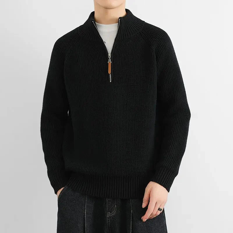 Men's ribbed half-zip mock neck sweater in neutral tone, cozy casual fit with textured knit detail