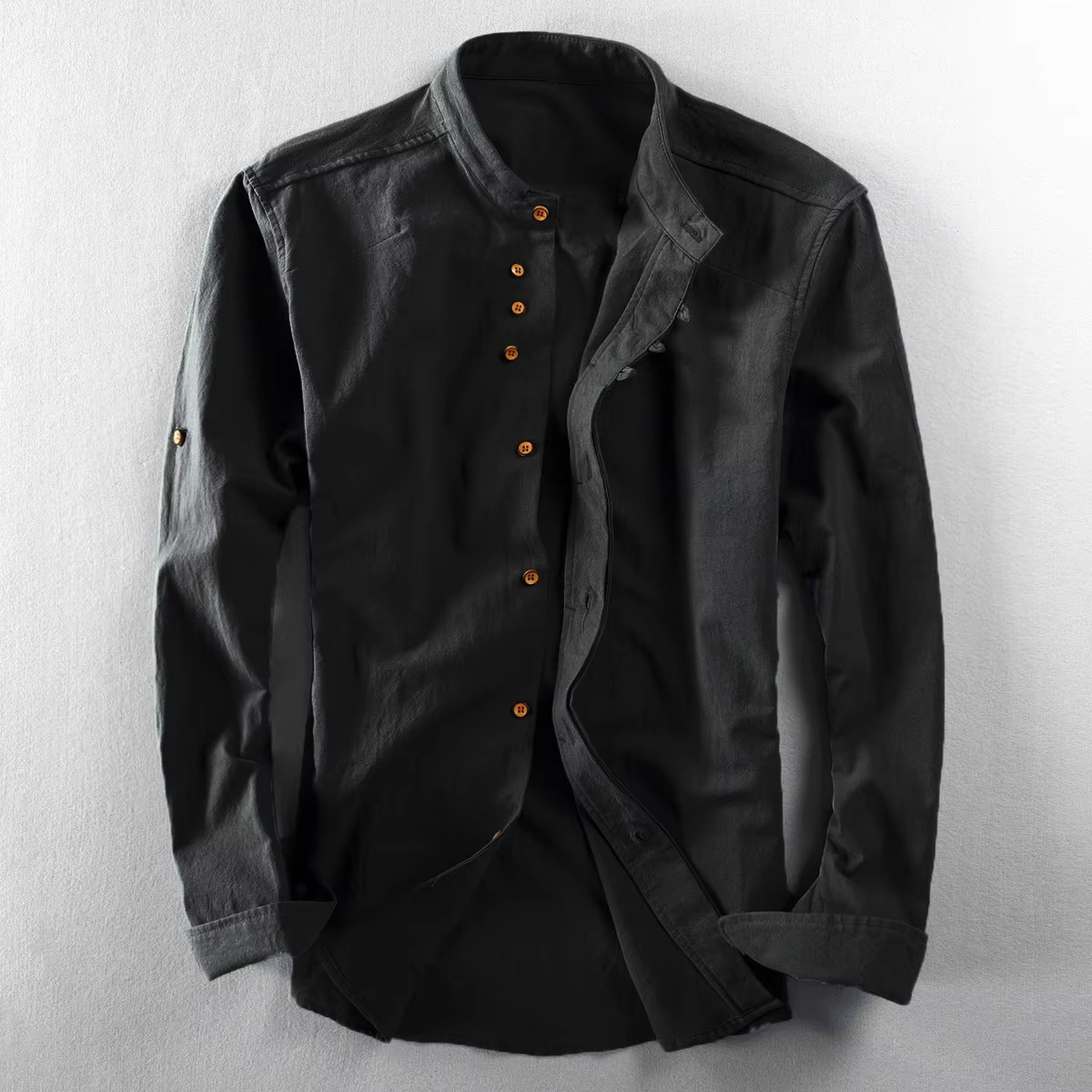 Men's slim-fit cotton linen stand collar shirt in neutral tone, long-sleeve everyday casual style
