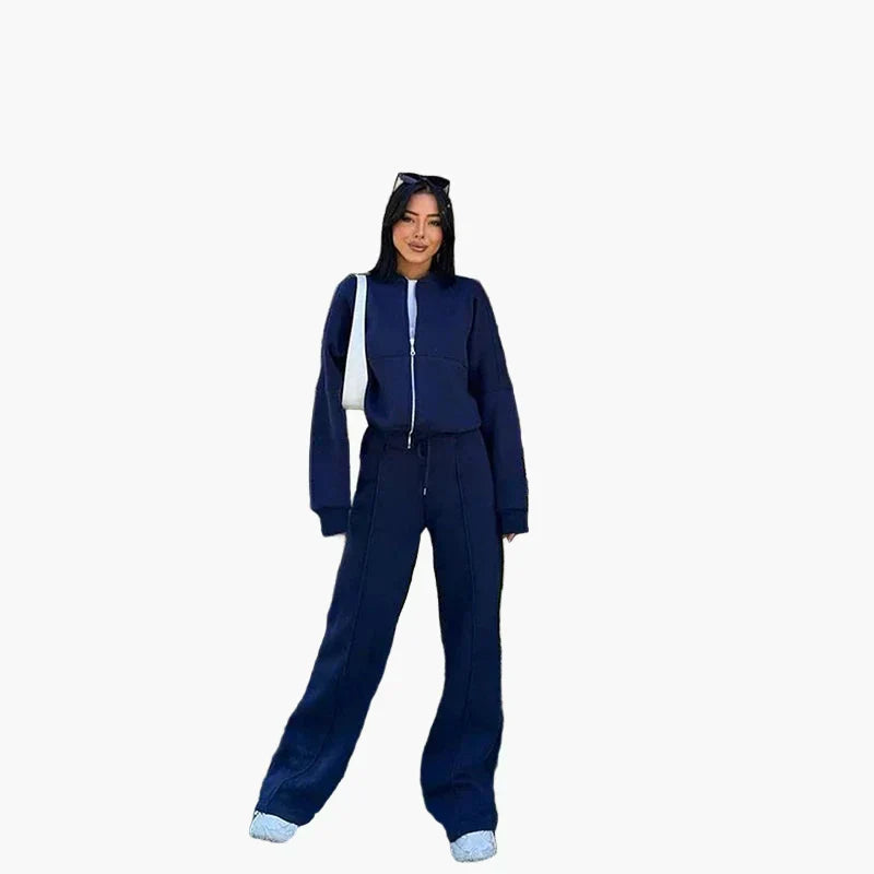 Women oversized two-piece suit wide pants zip-up jacket casual streetwear urban minimalist style