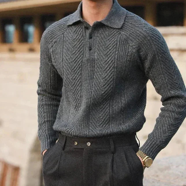 Men's neutral tone knitted polo shirt long sleeve soft knit woven pattern versatile casual formal
