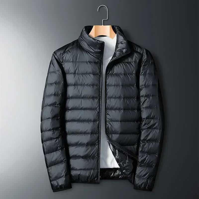 Men's Mateo ultra-light white duck down jacket, slim modern fit, packable feather-light insulation