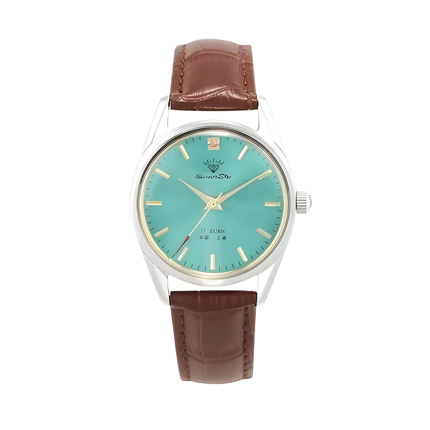 Diamond mechanical watch aqua sunburst dial gold-tone markers polished stainless steel professional timepiece