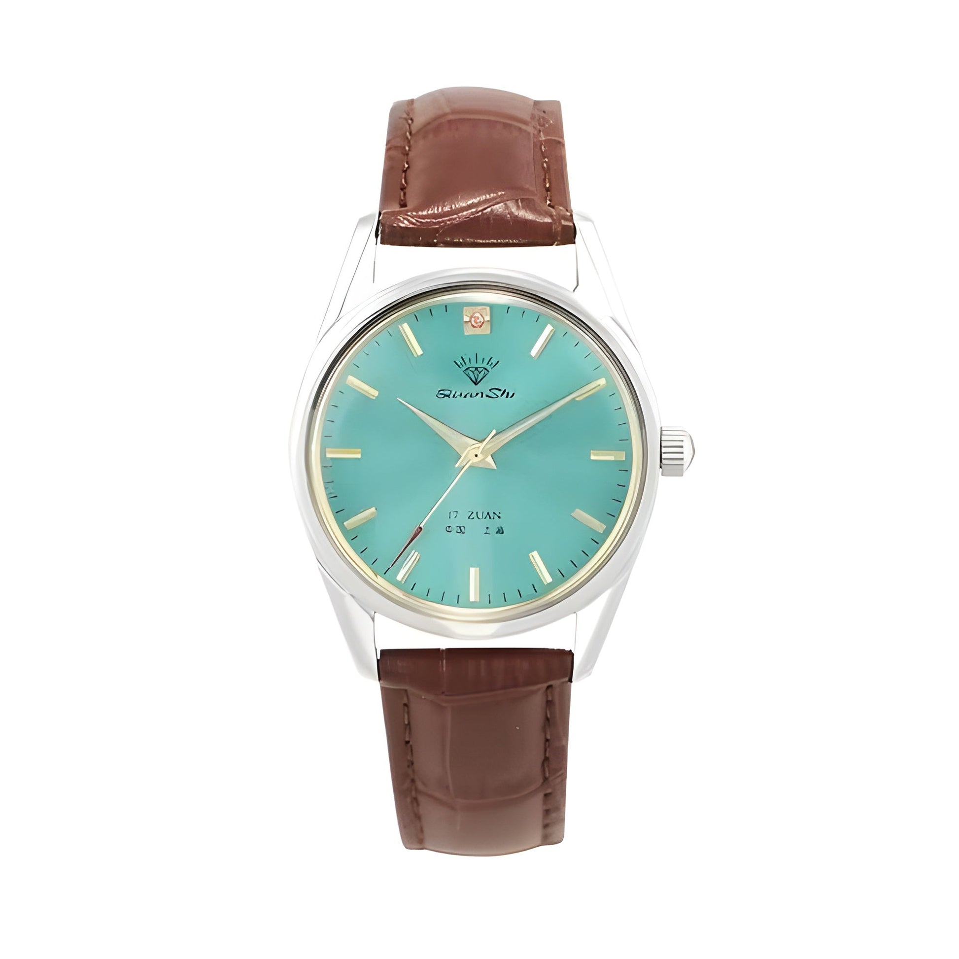 Diamond mechanical watch aqua sunburst dial gold-tone markers polished stainless steel professional timepiece