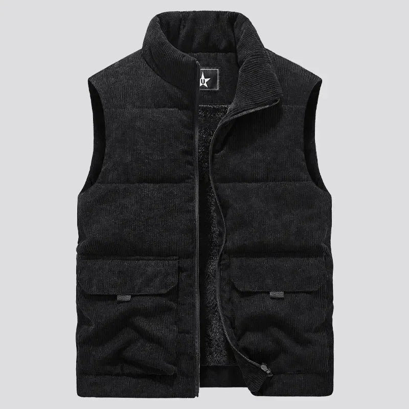 Men's brown corduroy ribbed vest sherpa fleece lining cargo pockets stand-up collar casual warm