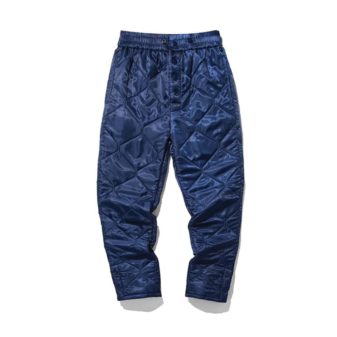 Men's beige diamond quilted trekking pants with dual-layer insulated liner for outdoor adventure