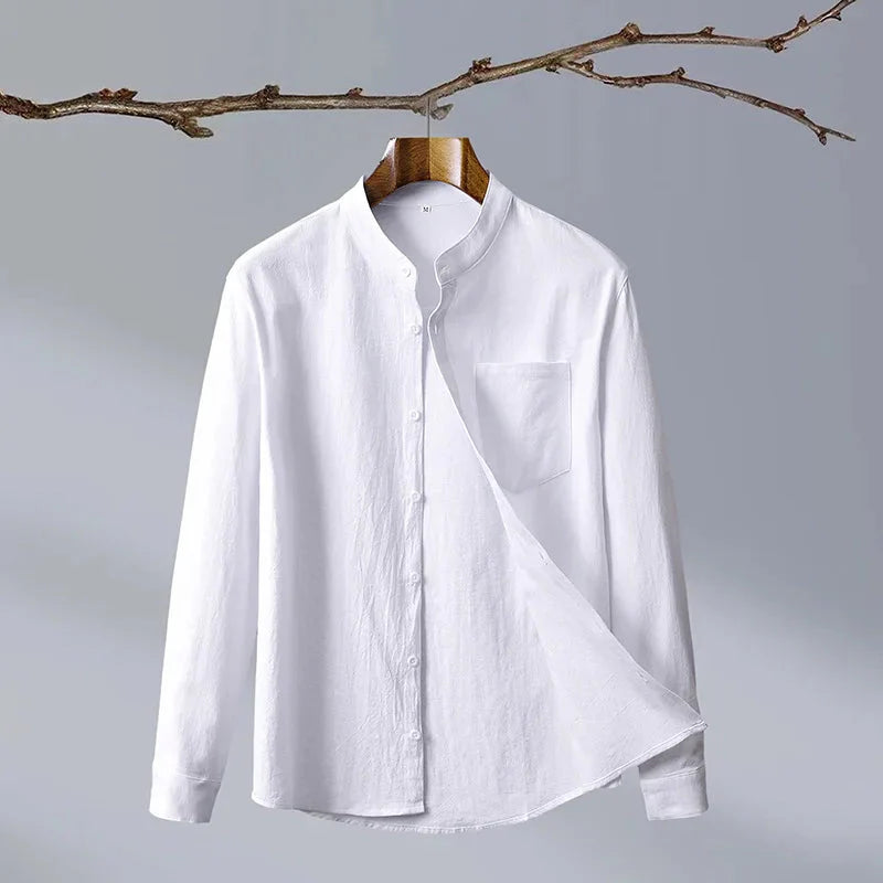 Men's relaxed fit linen band collar shirt breathable casual everyday style modern silhouette