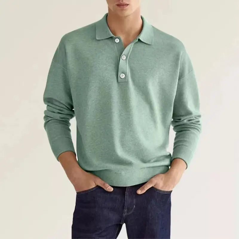 Men's navy blue long sleeve knit polo shirt with classic collar and button-down front casual fit