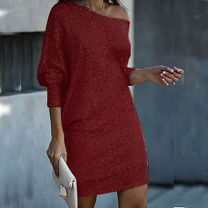Women's silver sequined off-shoulder mini dress loose fit 3/4 sleeves glam party style