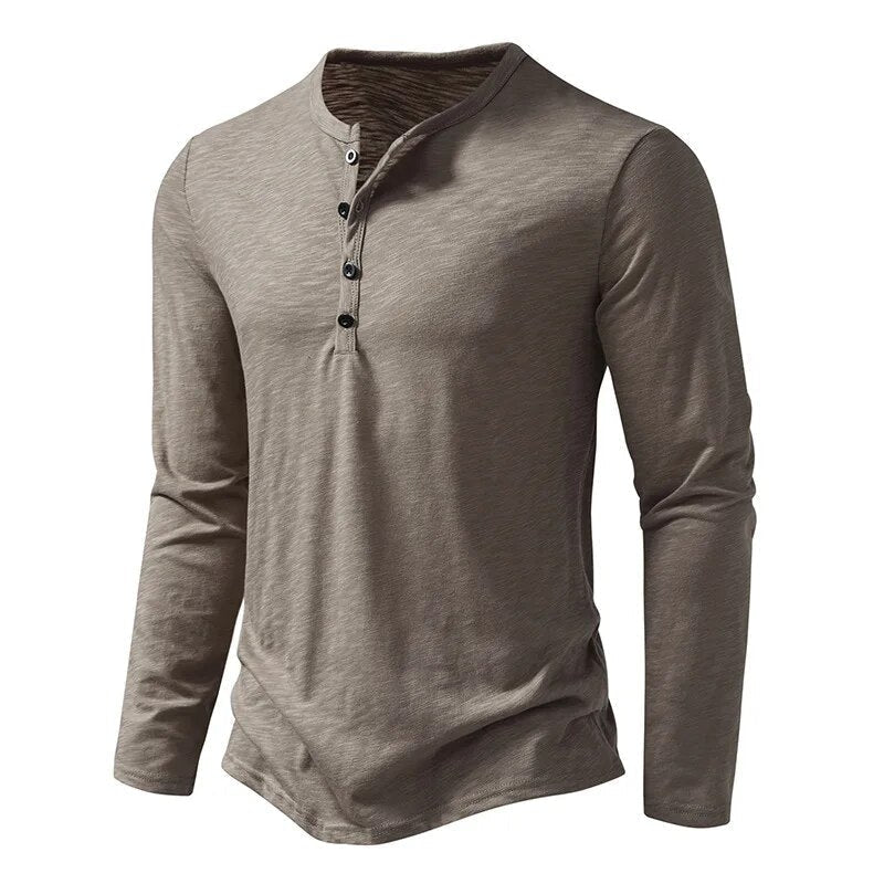 Men's solid henley shirt regular fit breathable cotton casual classic button placket neckline