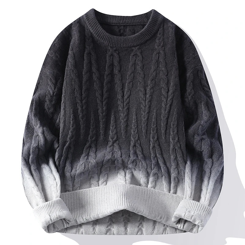 Women's ombre cable knit sweater with gradient color transition and classic textured pattern