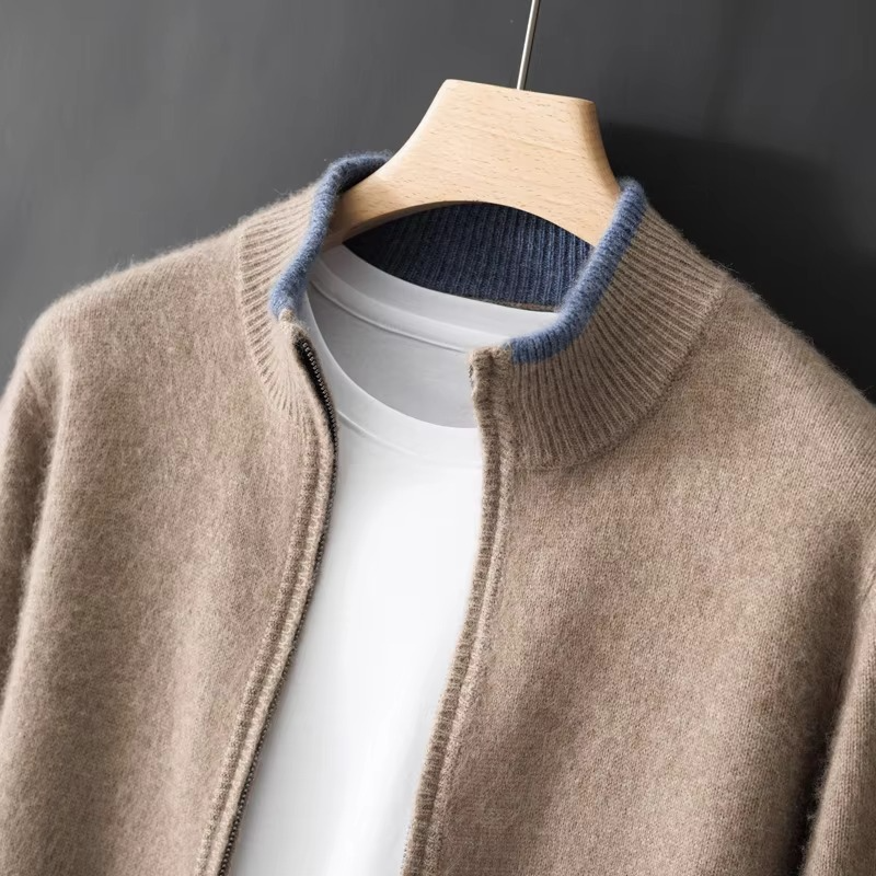 Men's pure cashmere zip cardigan relaxed fit casual knit layer in neutral tone luxurious warmth