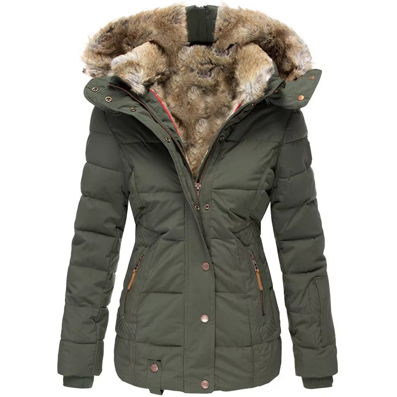 Women's slim-fit wool-cotton padded hooded parka jacket, windproof luxury warmth for city style