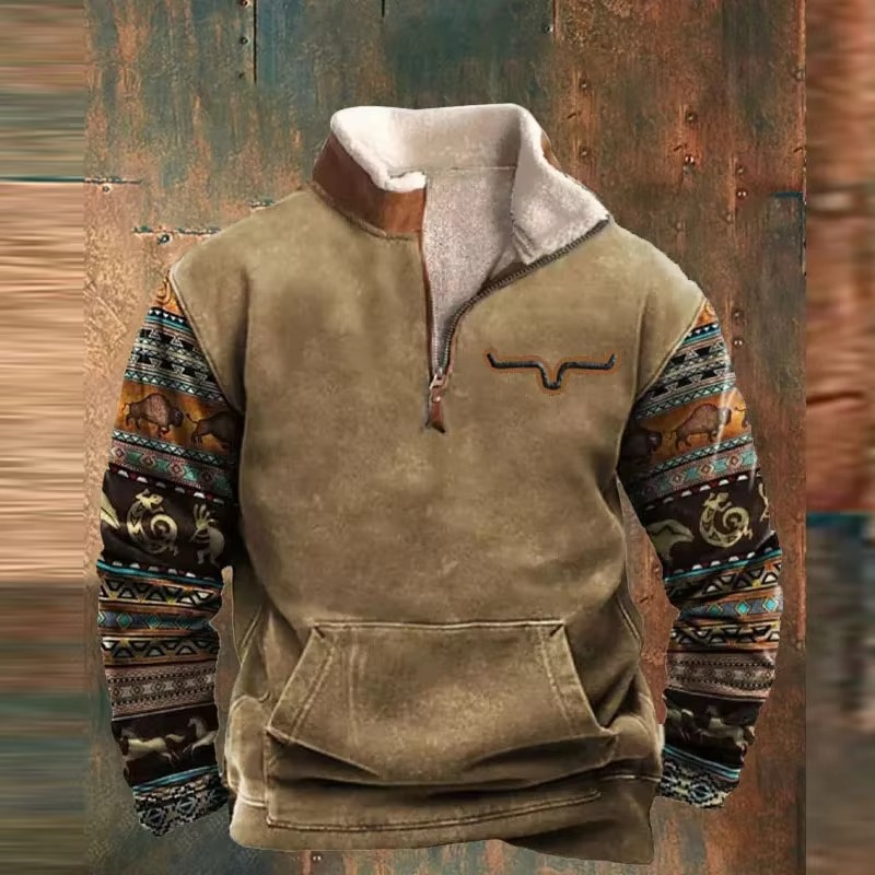 Men's retro 3D printed hooded jacket with faux leather collar, bold streetwear graphics, full-zip