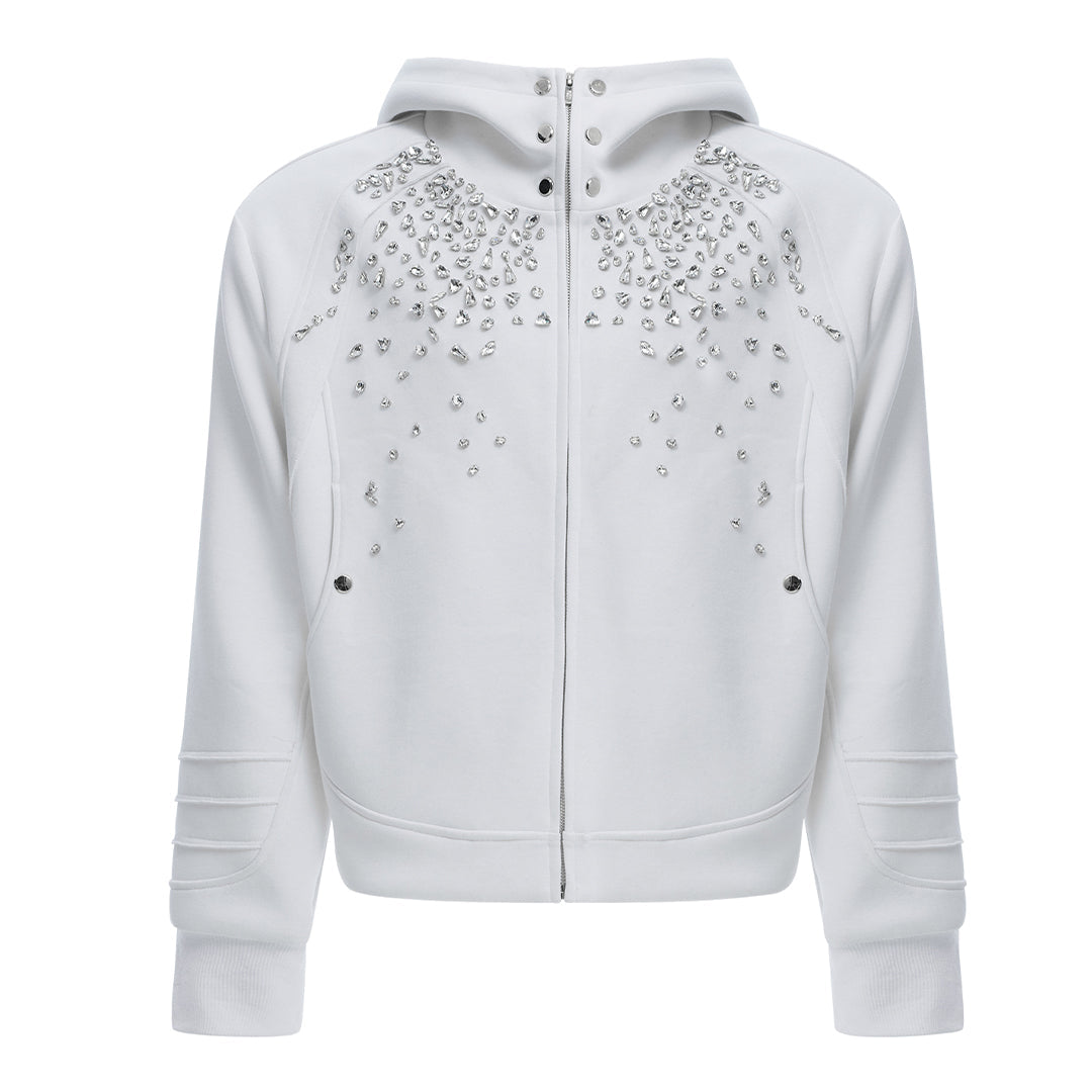 Black streetwear hoodie premium cotton blend rhinestone embellished chest shoulders diamond crest design
