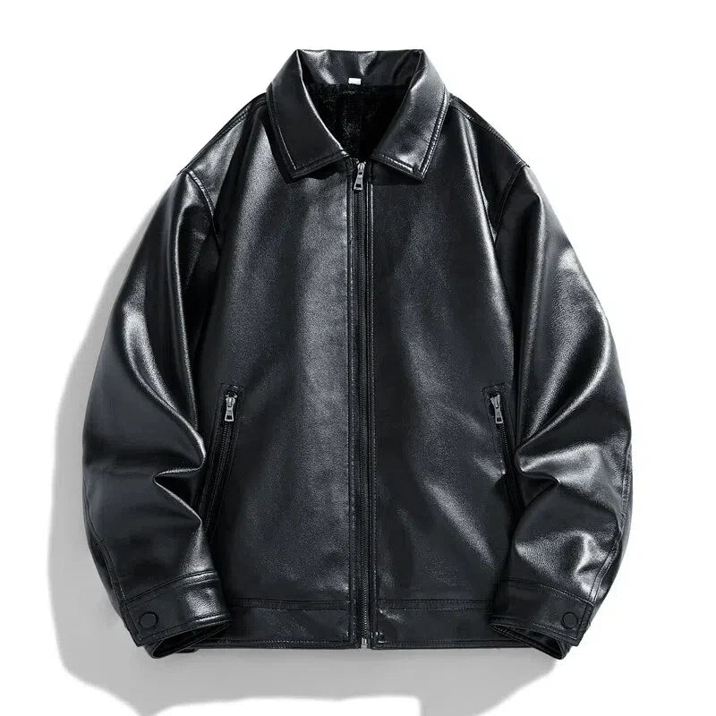 Men's premium leather bomber jacket relaxed fit hip-length classic collar casual style