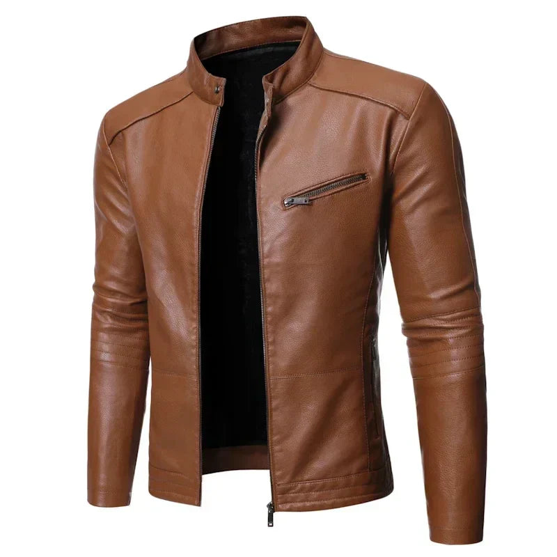 Men's slim fit black PU leather jacket with zippered pockets and urban city-smart style