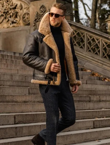 Men's brown aviator jacket with plush lining, rugged winter outerwear with insulated interior