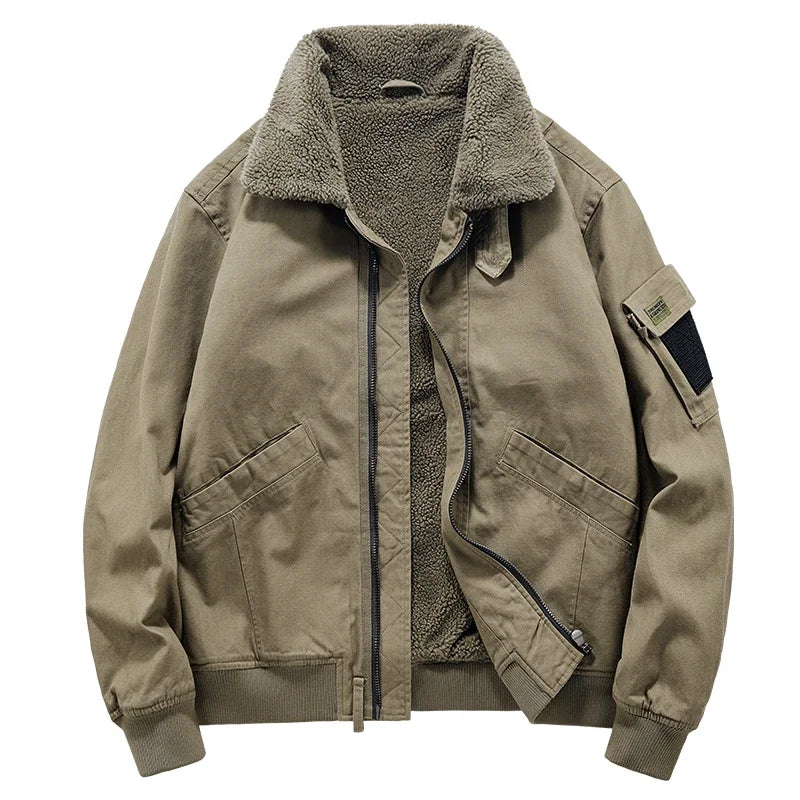 Men's sherpa jacket durable cotton exterior high collar zip front soft fleece lining outdoor style