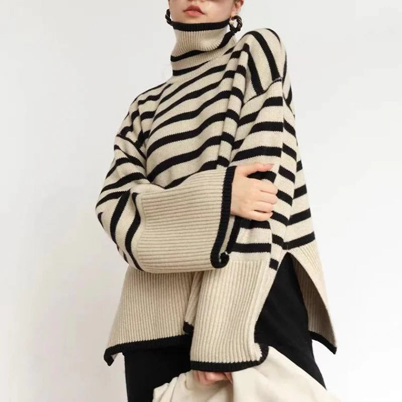 Women's oversized ribbed turtleneck striped knit pullover top in cozy relaxed-fit style