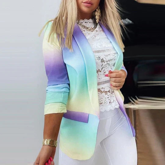 Women's tie-dye blazer long sleeve elegant office-ready style with bold colorful pattern