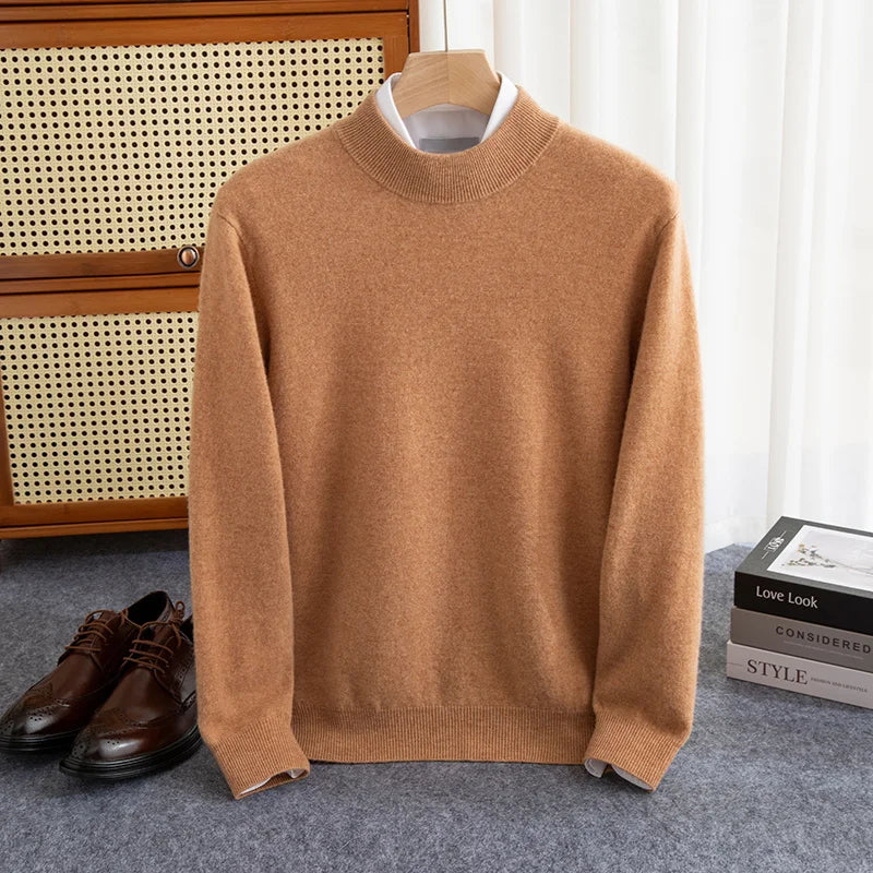 Men's wool pullover sweatshirt cozy fit half-high neck ribbed cuffs relaxed casual style
