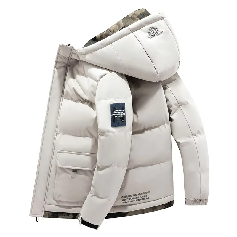 Men's windproof hooded parka jacket with insulated warmth, multiple pockets, cold-weather protection