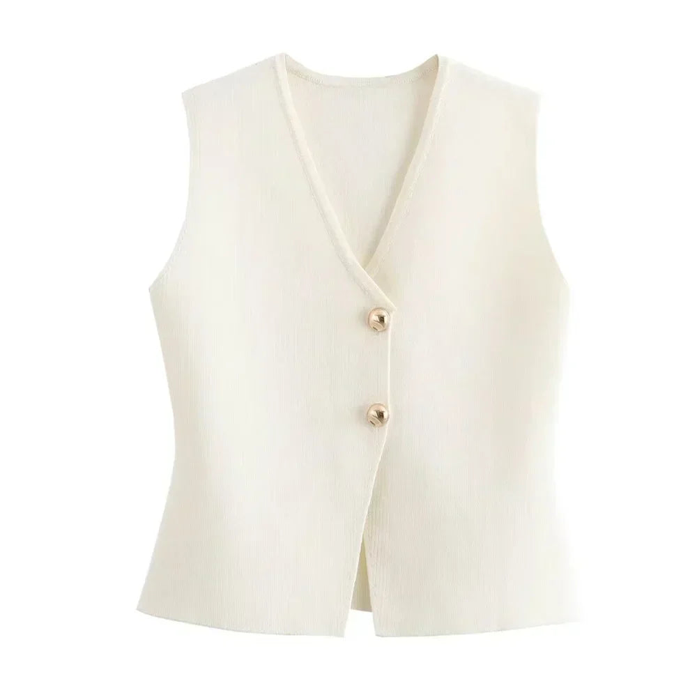 Women's gold sleeveless polyester vest with gold-tone buttons, timeless elegant style for all seasons