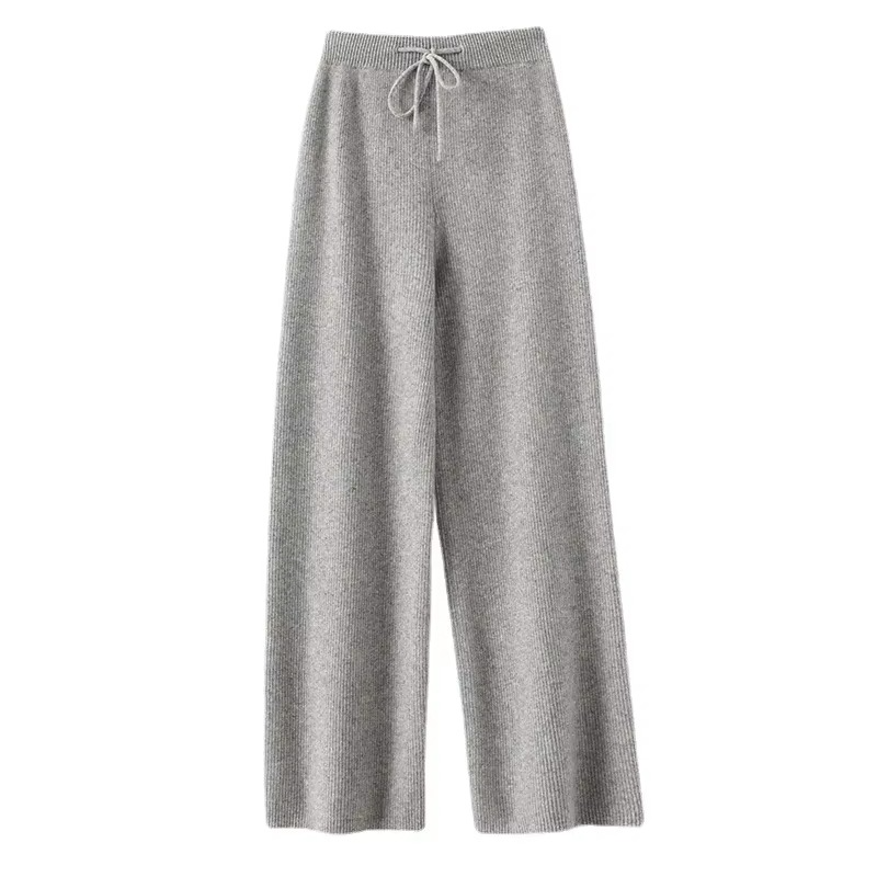 Women's high waist wide leg woolen knit pants in warm neutral tones with elasticized waistband