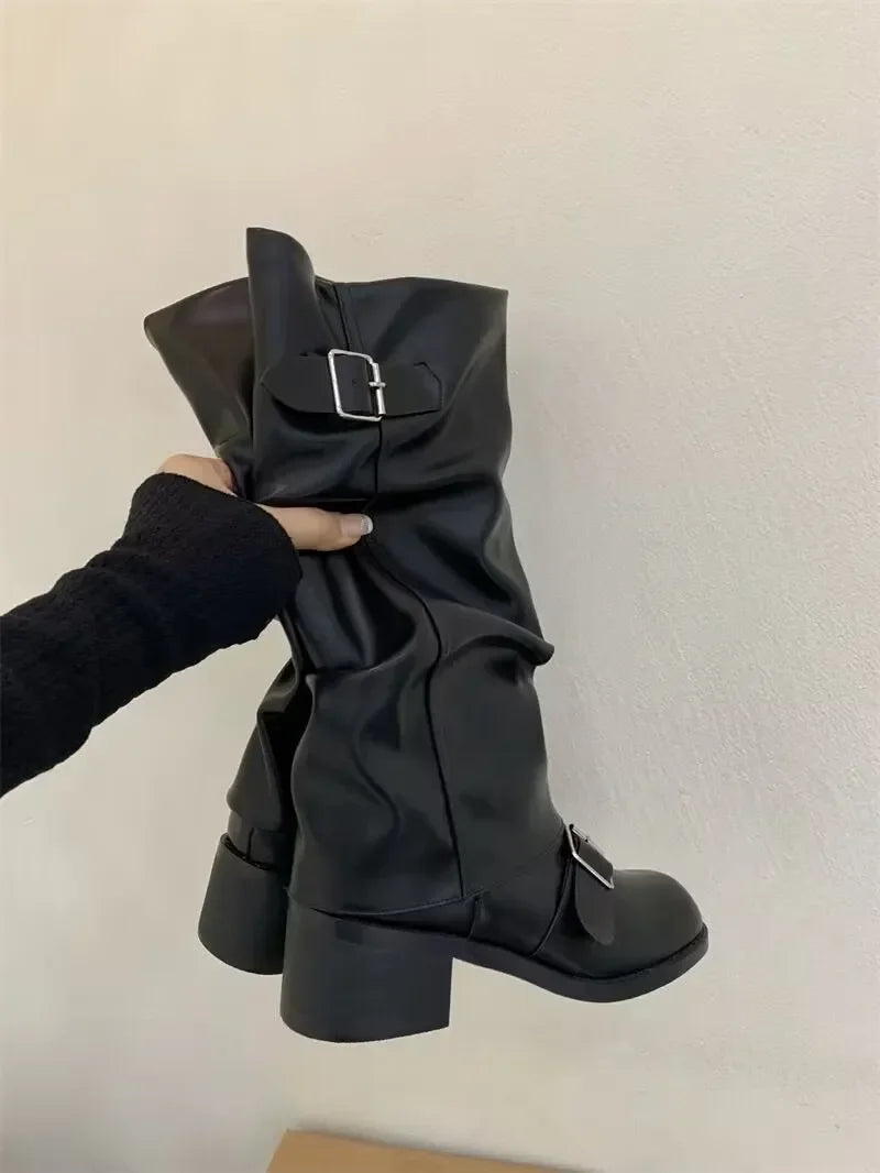 Women's black knee-high platform boots chunky heel vegan leather gothic motorcycle buckle style