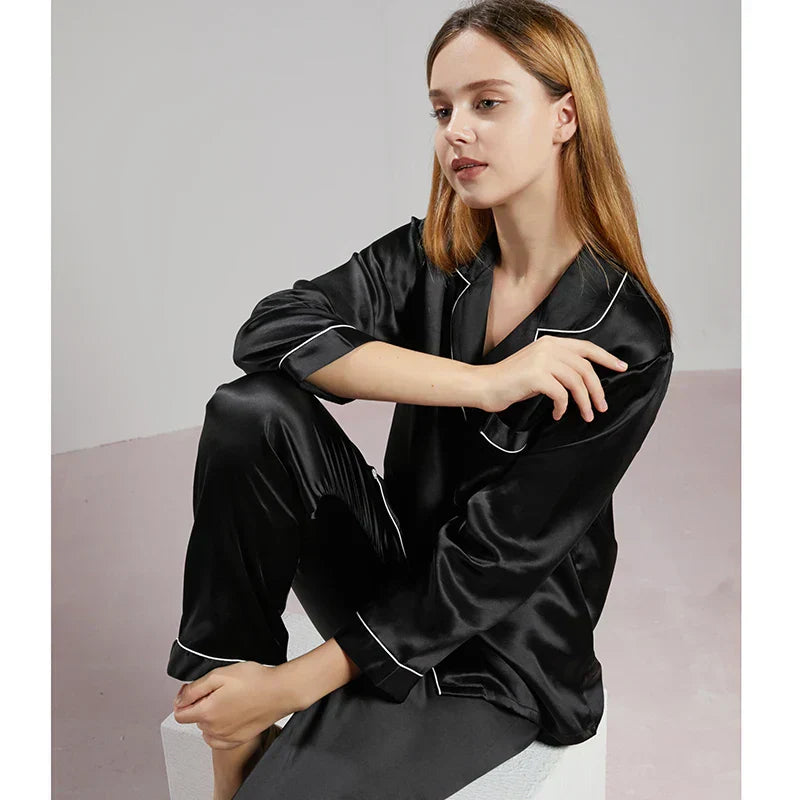 Black pure silk women's pajama set loose silhouette luxurious sleepwear with natural drape
