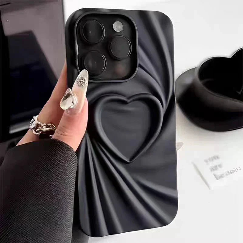 Soft matte silicone iPhone case pink 3D folded heart design ultra-slim full coverage protection