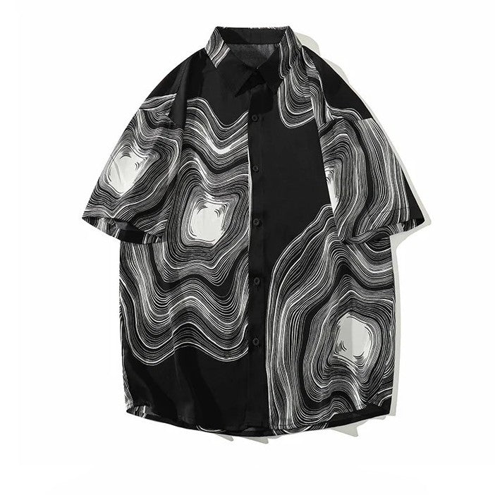 Monochrome ripple print oversized ice silk shirt lightweight breathable relaxed fit women