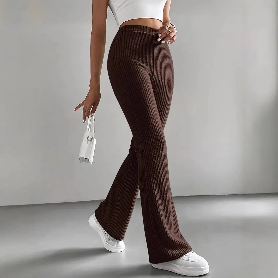 Women's ribbed knit flare pants slim fit elastic waist everyday elegant silhouette