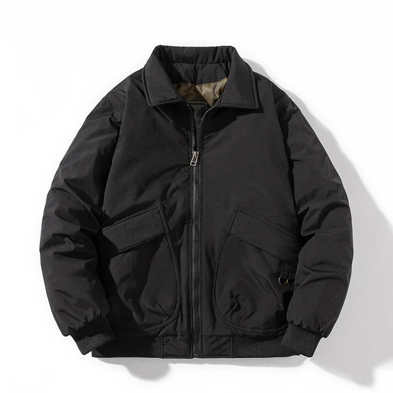 Men's olive tactical bomber jacket water-resistant quilted lining ribbed cuffs utility pockets structured fit