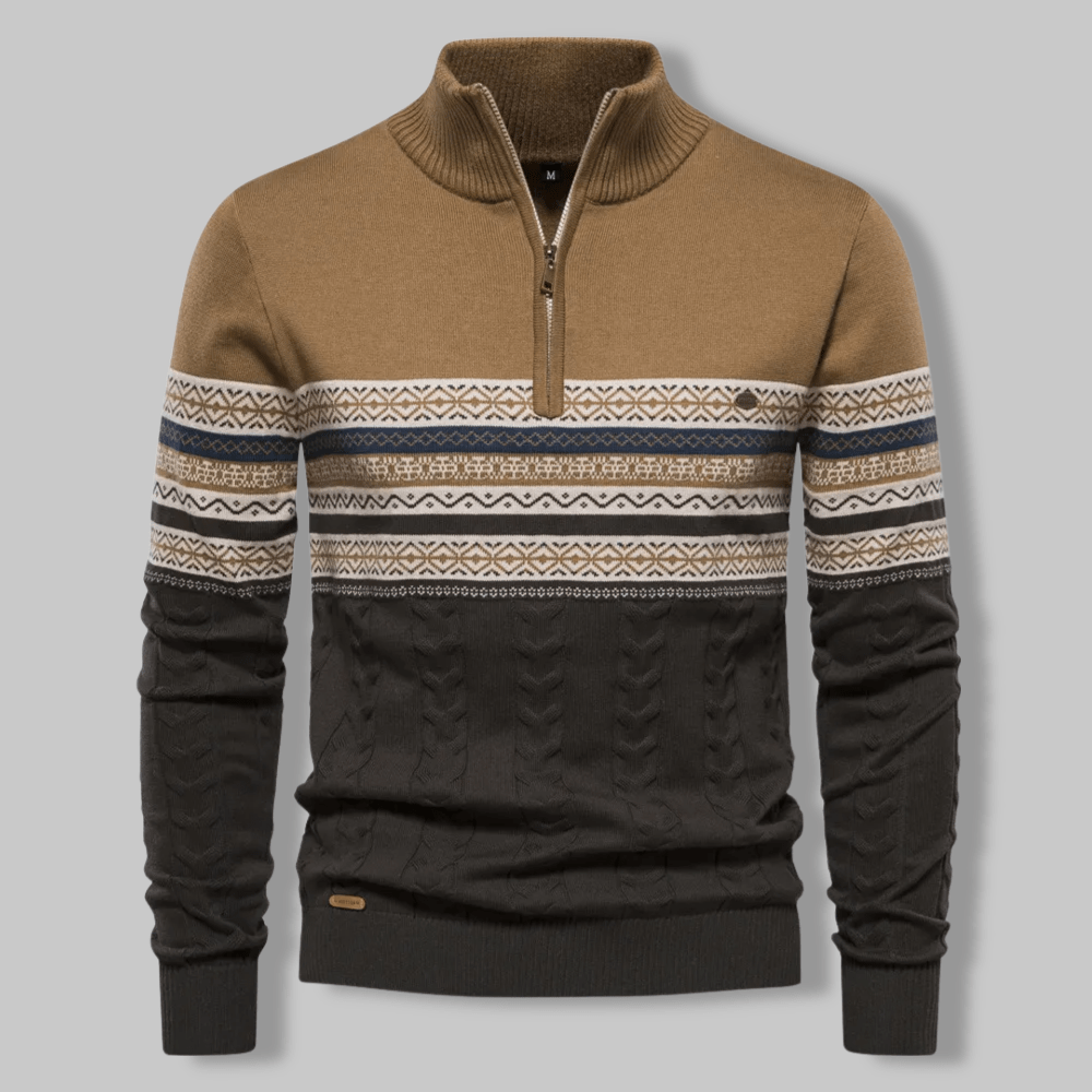 Men's Nordic pattern half-zip pullover sweater with stand collar, ribbed cuffs, cozy knit layering piece