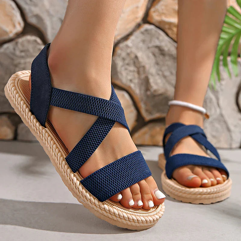 Women's woven boho sandals lightweight tan strappy open-toe cushioned footbed warm weather