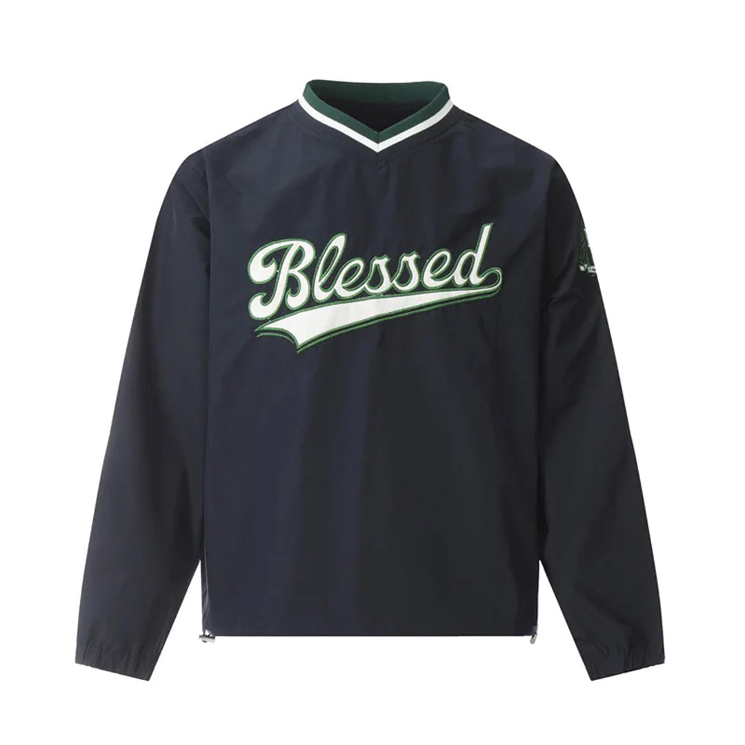 Men's gray varsity pullover sweatshirt with retro "Blessed" graphic, vintage streetwear cotton comfort