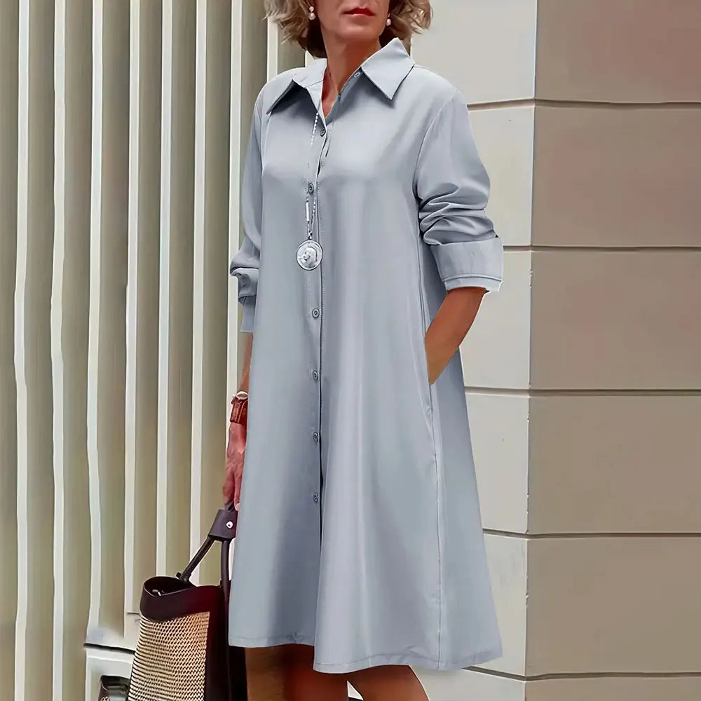 Women's navy blue A-line shirt dress button-front long sleeves knee-length elegant versatile