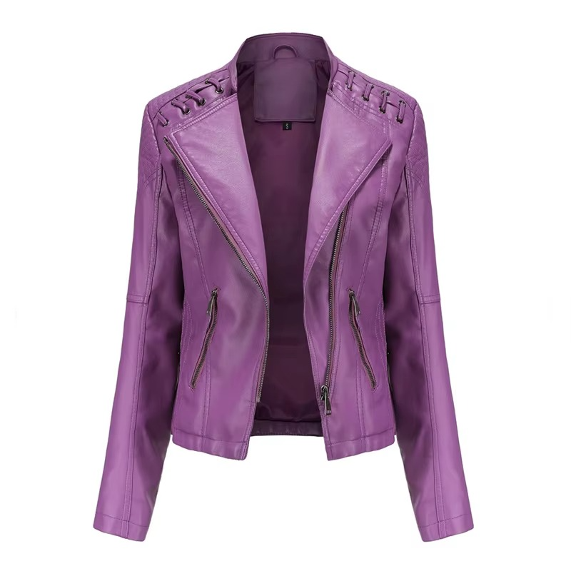 Women's black PU leather motorcycle jacket slim fit short silhouette with bold zipper detail