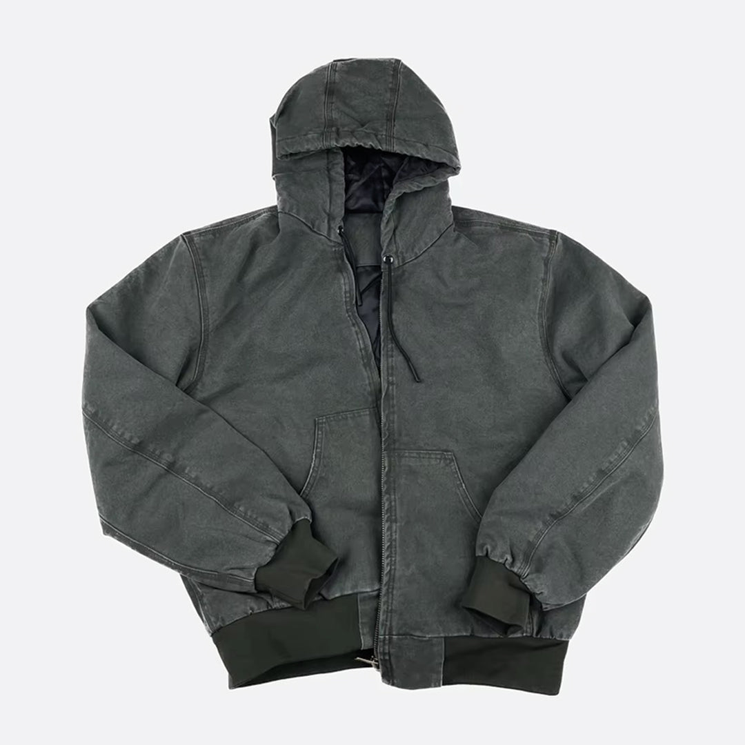Washed canvas hooded jacket unisex relaxed oversized fit with functional hood for casual wear