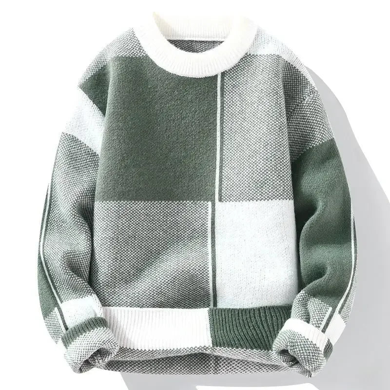 Women's colorblock patch knit sweater with geometric blocks, relaxed cozy fit for layering