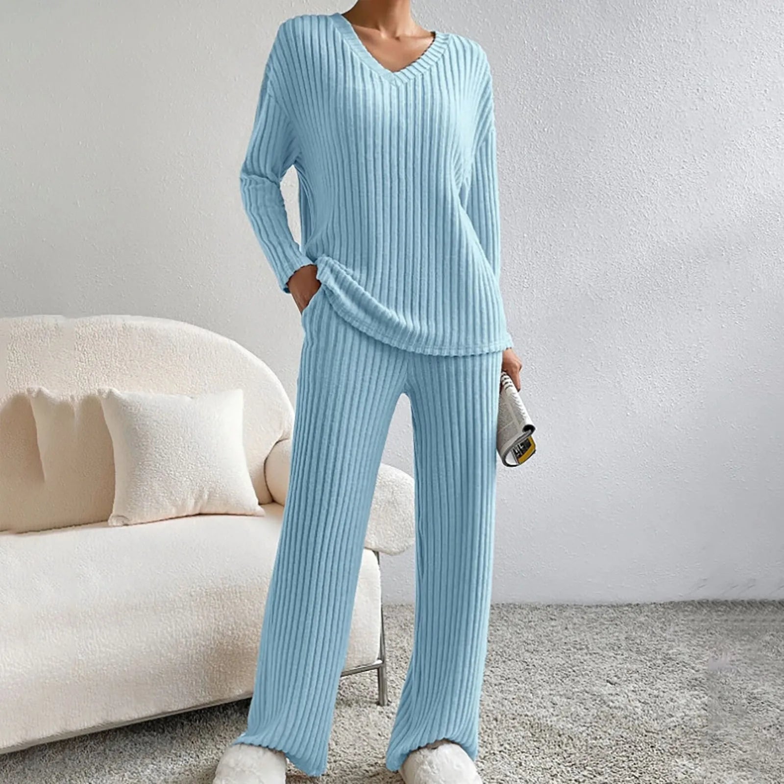 Women's ribbed knit lounge set soft relaxed fit cozy two-piece loungewear with textured fabric