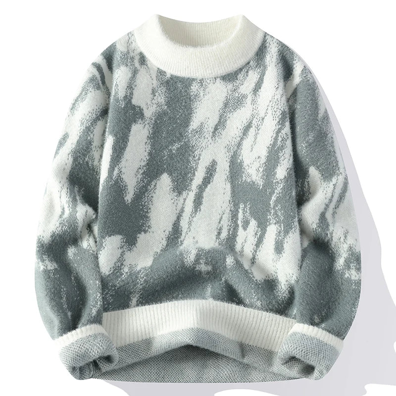 Women's abstract knit sweater with brushed texture, crew neck, ribbed trim, cozy relaxed fit