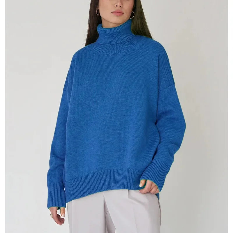 Women's oversized cream ribbed turtleneck sweater soft knit cozy folded collar winter style