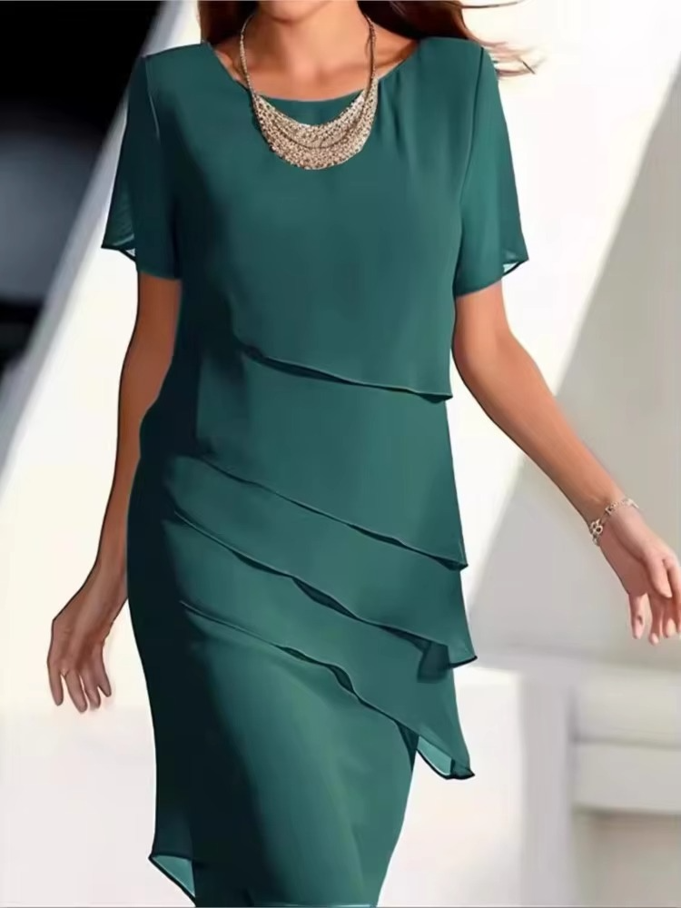 Women's casual summer dress short sleeve round neck ruffle hem lightweight breathable solid color everyday chic