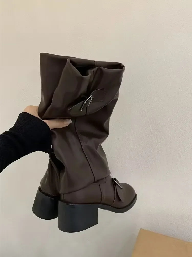 Women's black knee-high platform boots chunky heel vegan leather gothic motorcycle buckle style