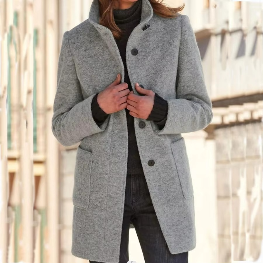 Women's retro wool blend stand collar jacket, structured silhouette with vintage-inspired timeless elegance