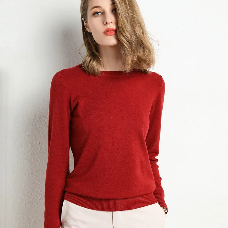 Women's slim fit ribbed knit wool blend sweater with O neckline in cozy everyday essential style