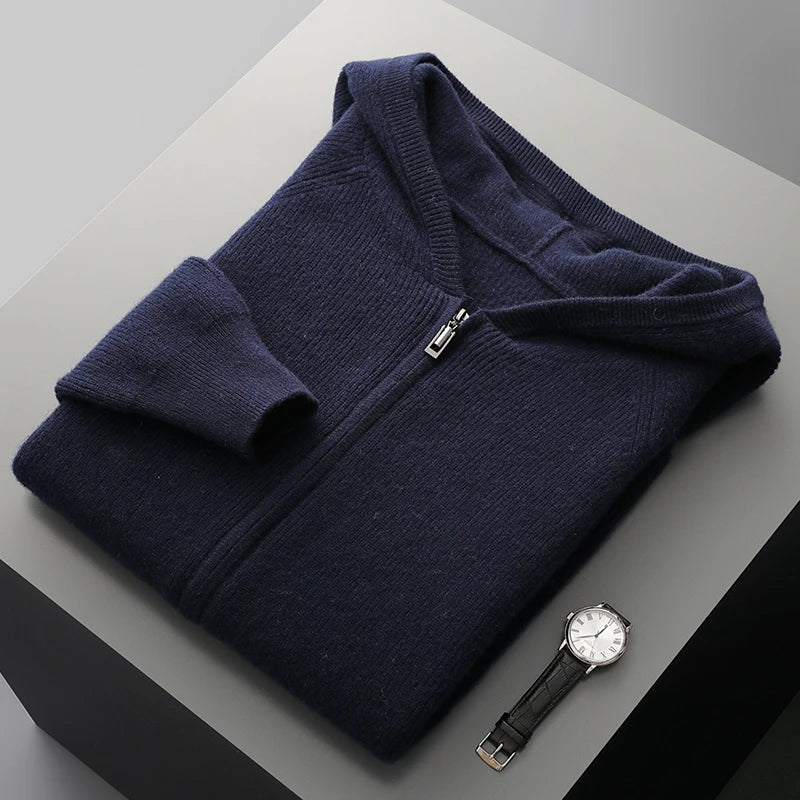 Men's heavyweight dark gray 100% wool zip-up hoodie with full-length zipper and minimalist knit design